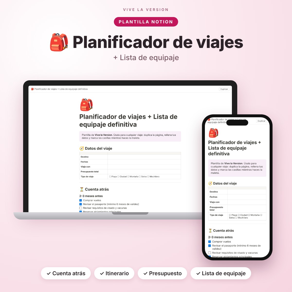 Planificador de viajes + Lista de equipaje – Plantilla Notion